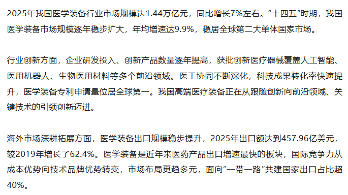 2025年我国医学装备行业市场规模达1.44万亿元