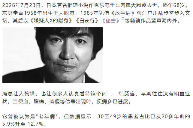 沉默的“第三大癌”夺去了东野圭吾的生命