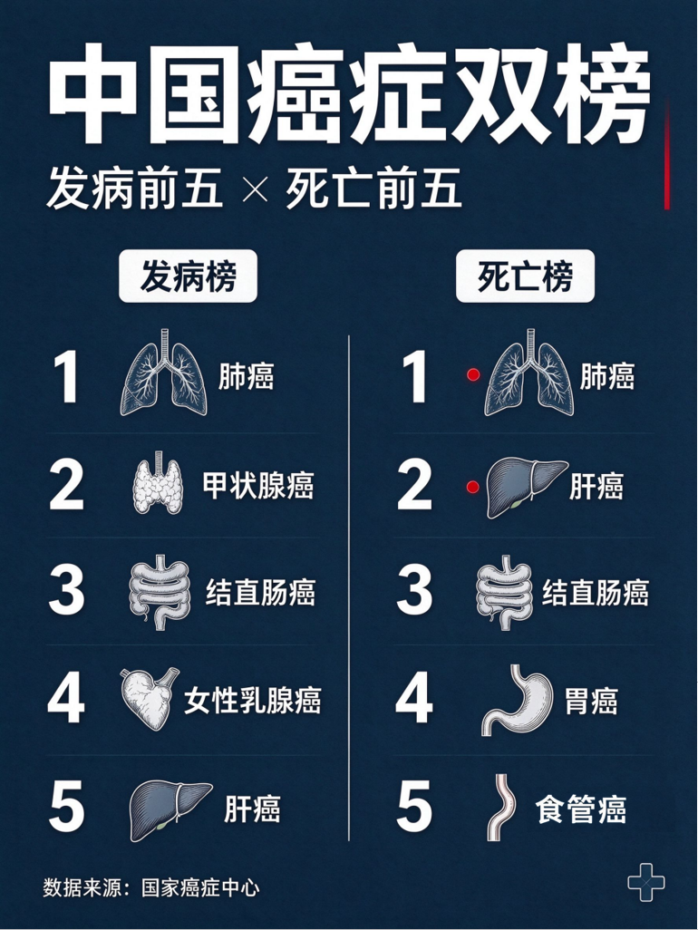 国家癌症中心公布发病前五的癌症